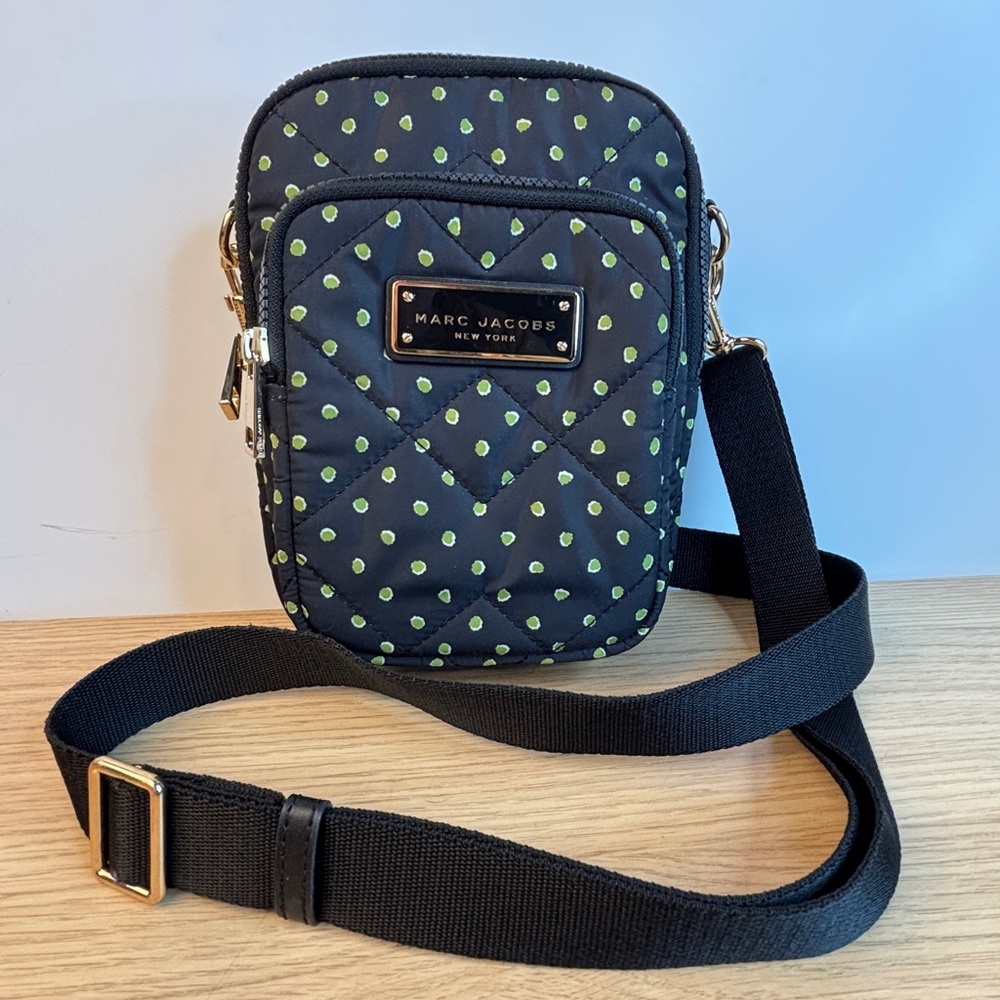 Marc Jacobs Quilted Nylon Crossbody Bag Black Green Polka Dot Camera Bag